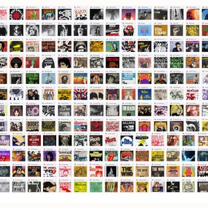 May include: A grid of vintage vinyl record album covers, featuring various rock and pop artists. The album art showcases diverse designs, colors, and band names, including The Beatles, The Clash, and The Who.