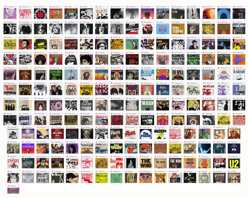May include: A grid of vintage vinyl record album covers, featuring various rock and pop artists. The album art showcases diverse designs, colors, and band names, including The Beatles, The Clash, and The Who.