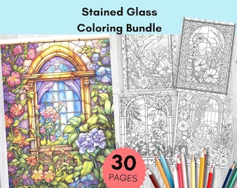 May include: A Stained Glass Coloring Bundle featuring 30 pages of floral and arched window designs. The collection includes one full-color example page and several black and white line art sheets, accompanied by a set of colored pencils.