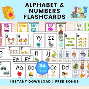 Alphabet & Number Flashcards | 34 Pages | Instant Download abc Flashcards Kids| 3 Alphabet Flash Card Styles Numbers 1-20 Preschool