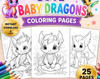 Paquete de páginas para colorear de bebés dragones, 25 páginas para colorear imprimibles para niños y adultos, actividades artísticas para descargar, recuerdos de fiesta de dragones, bono