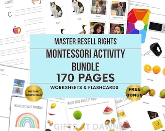 MRR Montessori Flashcards & Worksheets Bundle Education Resources Homeschool Master Resell Rights 170 Pages, Letter Tracing, Matching, Bonus