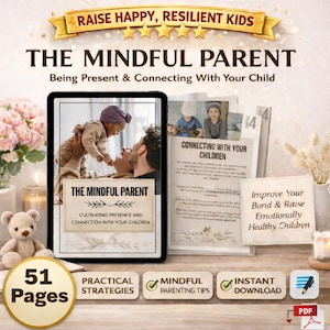 Può includere: Un prodotto digitale intitolato "The Mindful Parent" con lo slogan "Essere presenti e connettersi con il tuo bambino". L'immagine mostra un tablet che mostra la copertina del libro, un padre e un bambino e materiali di supporto. Il prodotto offre strategie pratiche e consigli di genitorialità consapevole.