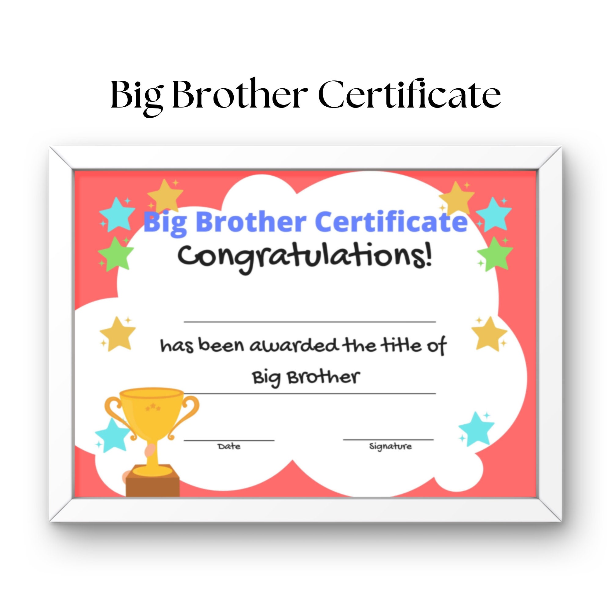 Big Brother Certificate Printable, New Sibling Keepsake Gift, Boys Red ...
