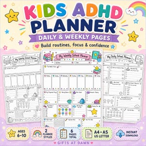 以下が含まれることがあります： 子供向けのADHDプランナー。ルーチン、集中力、自信を育むためのデイリーおよびウィークリーページが含まれています。印刷可能なシートには「My Weekly School Planner」と「My Daily School Planner」があり、星のアイコン、チェックリスト、習慣トラッカーが記載されています。