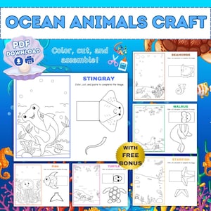Cute Ocean Animals DIY Printable Crafts 10 Sea Animals Cut & Paste Under the Sea Activities, Preschool Crafts Homeschool Download Bonus