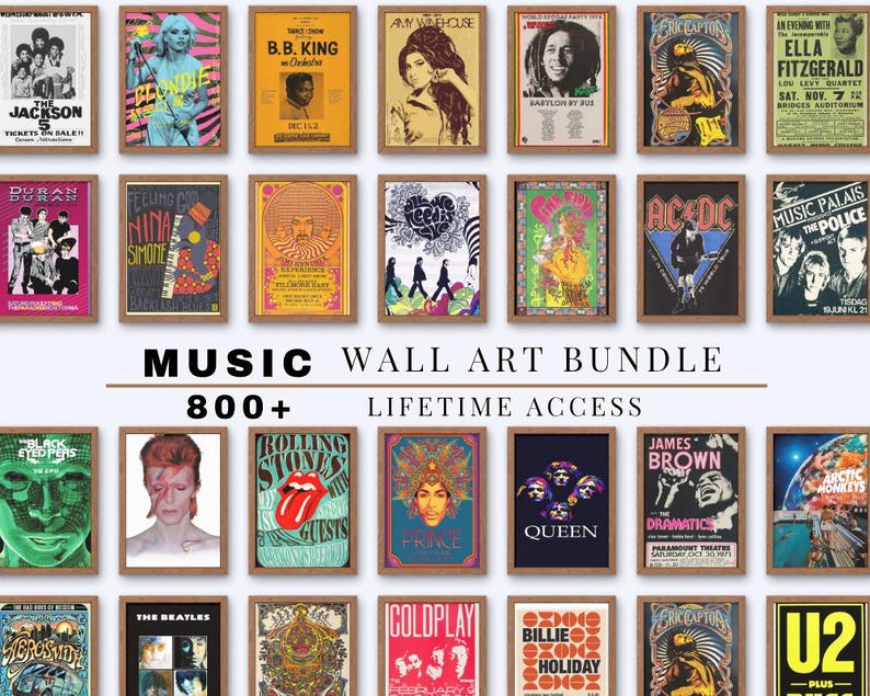 May include: A collection of framed music posters featuring various artists, including The Jackson 5, B.B. King, and The Rolling Stones. The text "MUSIC WALL ART BUNDLE" and "800+ LIFETIME ACCESS" are displayed.