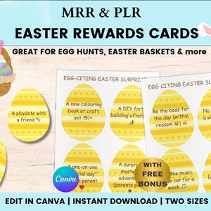 May include: Easter reward cards featuring egg designs and phrases such as "A playdate with a friend" and "Be the boss for the day." The cards are intended for egg hunts and Easter baskets. The image includes a basket with Easter eggs and a bunny.