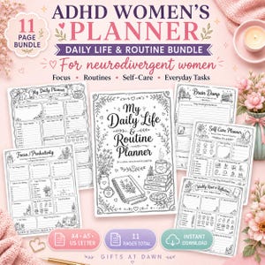 Puede incluir: Un paquete de planificador digital de 11 páginas para mujeres con TDAH que incluye plantillas para la vida diaria y rutinas. El conjunto contiene una portada, planificador diario, hojas de productividad, volcado mental y páginas de autocuidado.