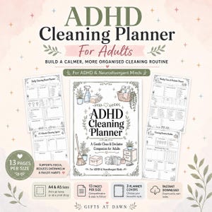 Op de afbeelding: Een ADHD-schoonmaakplanner voor volwassenen met een centrale omslag met illustraties van schoonmaakmiddelen, een bezem en opbergdozen. De set bevat meerdere printbare pagina's zoals een dagelijkse schoonmaakplanner en een wekelijkse opruimplanner.