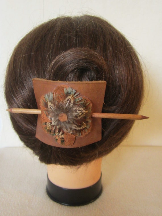 Native American Hair-Stick Leather Barrett - to c… - image 1