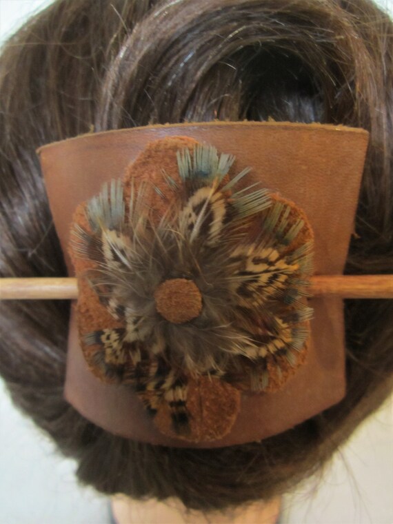 Native American Hair-Stick Leather Barrett - to c… - image 2