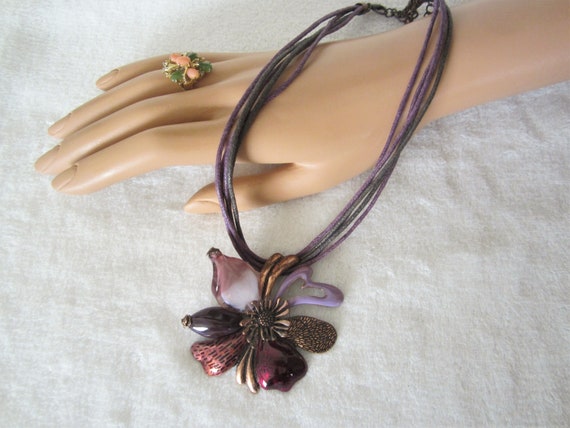 Five-Corded Choker Style Floral-Pendant Necklace … - image 1
