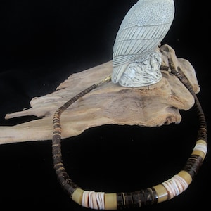 Unisex Choker - dark-brown disk beads made from genuine coconut shells. Mid-section has beige coconut beads & white sea-shells! Great Gift!