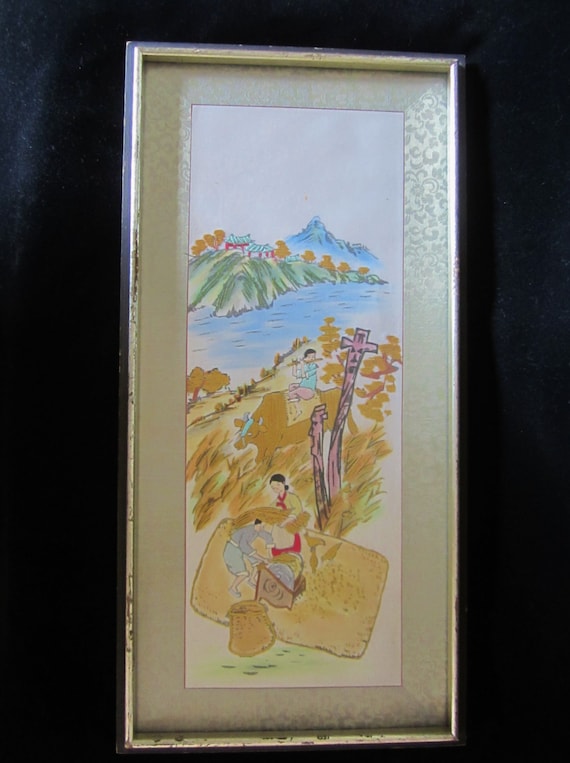 Asian Silk Wall Hanging depicts a harvesting scene. Artwork Etsy