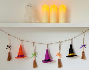 Halloween Broom & Witch Hat Garland, Halloween party decor, Broomsticks, Trick or treat, Halloween gift