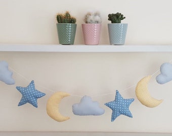 Nursery Garland / Moon Star and Cloud / Nursery Decor / Blue Nursery / Blue Garland / Blue, Yellow and white Garland / baby gift / baby boy