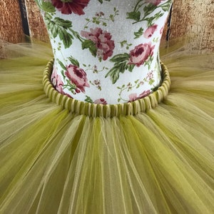 May include: A green tulle tutu with a gold satin waistband. The tutu is layered and has a soft, flowing texture.