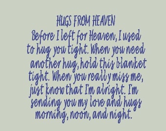 Quilt Blocks Hugs From Heaven Saying Embroidered 14”