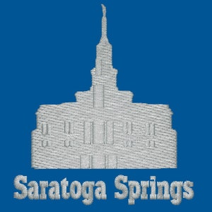 May include: A white embroidered image of a church with a tall spire, against a blue background. The text "Saratoga Springs" is below the image.