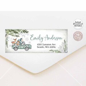 Editable Winter Woodland Green Sage Truck Snowflake Return Address Label Avery 5160 Labels Label Printable Template Instant Download 1319V4
