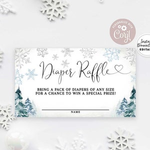 Boleto de rifa de pañales para baby shower con diseño de copos de nieve de invierno y flores azules editables, tarjeta de rifa, inserto de invitación editable, descarga instantánea 120V1