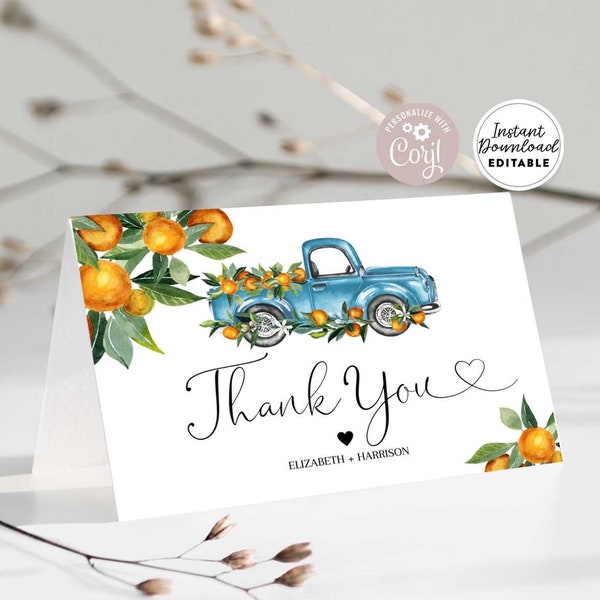 Editable Personalized Orange A Little Cutie Blue Truck Thank You Folded Card Orange Thank You Card Printable Template Instant Download 160V7