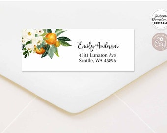 Bewerkbare oranje citrus witte bloemen kleine schatje retouradres label Avery 5160 etiketten label afdrukbare sjabloon Instant Download 248V1