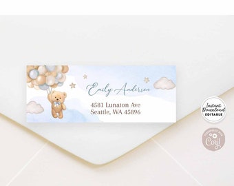 Editable Boho Boy Blue Teddy Bear Air Balloon Bear Return Address Label Avery 5160 Labels Label Printable Template Instant Download 902V1