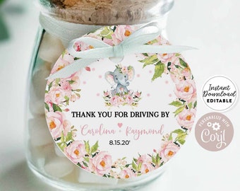 Editable 2" & 2.5" Blush Pink Elephant Drive By Shower Stickers Digital Circle Round Tag Printable Template Instant Download AL615