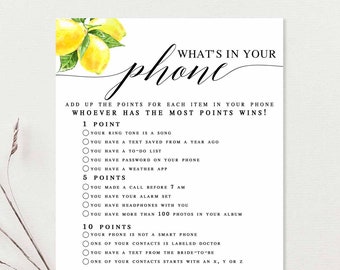 Lemon What's in Your Phone Game Printable She Found Her Main Squeeze Bridal Shower Brunch Bridal Shower Games Printable Instant Download 290