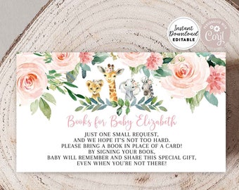 Editable Oink Floral Girl Safari African Animal Baby Shower Book Request Insert Bring A Book Instead of Card Template Editable 20V2