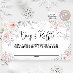 Bewerkbare roze bloemen winter sneeuwvlok baby shower strooi luier loterij ticket loterij kaart bewerkbare uitnodigen invoegen Instant Download 62V2