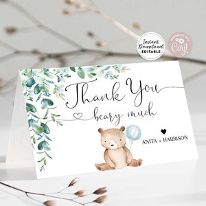 Editável Greenery Teddy Bear Obrigado Beary Cartão muito dobrado Chá de bebê Urso Aniversário Modelo de cartão de agradecimento Download instantâneo 1432V1