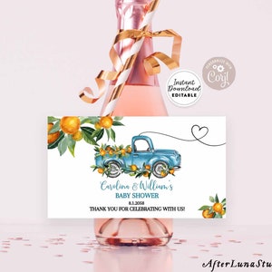 Editable Orange Little Cutie Blue Truck Baby Shower Mini Champagne Wine Bottle Label Printable Template Decor Instant Download 160V7