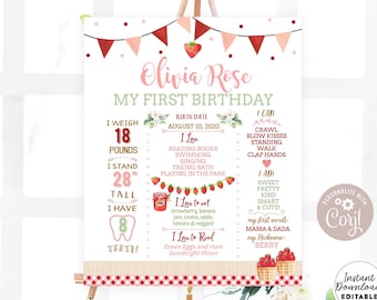 Editable Strawberry Milestone Poster Template Birthday Facts Berry Sweet Strawberry Birthday Decor Poster Instant Download AL1483 -