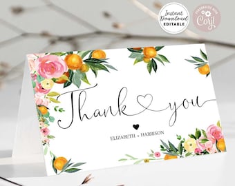 Editable Personalized Orange A Little Cutie Thank You Folded Card Pink Floral Orange Thank You Card Printable Template Instant Download 906