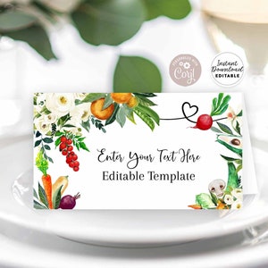 Editable Farmers Local Market Fruit Veggie Folded Place Card Buffet Food Label Guest Name Card Template Instant Download 361V1