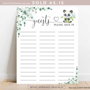 Greenery Panda Bear Guests Sign In Sheet Sign Bear Baby Shower Sprinkle Boy Bear Birthday Gifts Sign Instant Download 779V1