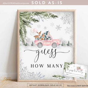 Inverno floresta rosa caminhão floco de neve adivinha quantos sinal jogo de cartas chá de bebê polvilhar decoração download instantâneo 1319v6