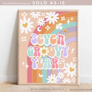 Groovy verjaardagsfeestje decor 70&#39; Daisy Seven Groovy Years teken decor Groovy regenboog hippie verjaardag decors afdrukbare Instant Download 633K4