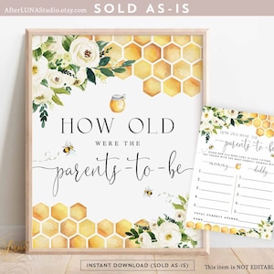 Bee Baby Douche Spelletjes Raad eens hoe oud de ouders moesten zijn Leeftijd Spelbord Kaart Geslachtsneutraal Onthullen Baby Douche Afdrukbare Instant Download 845V1