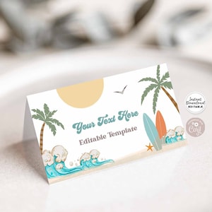 Editable Minimal Surfboard Beach Surf Surfing Birthday Folded Place Card Buffet Food Label Guest Name Card Template Instant Download 630K1