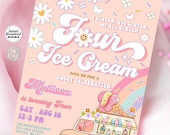 May include: A pink and white printable invitation for a 4th birthday party with a retro ice cream theme. The invitation features a cartoon ice cream van with a rainbow and the text "I scream, you scream, we all scream, Four Ice Cream".