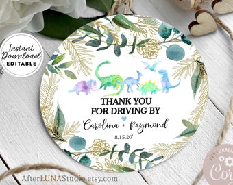 Editable 2.5" Dinosaur Drive By Shower Stickers Digital Printable Circle Round Tag Dino Baby Sprinkle Printable Instant Download AL438