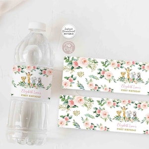 Greenery Gold Pink Safari Animal Birthday Water Bottle Label Safari Party Decor Decors Printable Template Instant Download 20V2KID