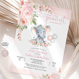 EDITABLE Blush Pink Rose Gold Elephant Baby Shower Invitation Girl Baby ...