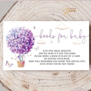 Insertion de demande de livre pour baby shower, éléphant violet, montgolfière modifiable, apportez un livre au lieu d'encarts de carte, modèle AL367 modifiable