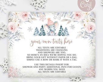 Editable 3x4" Detail Insert Card ALL TEXT EDITABLE Pink Floral Winter Snowflake Baby Shower Party Insert Editable Instant Download 19V3