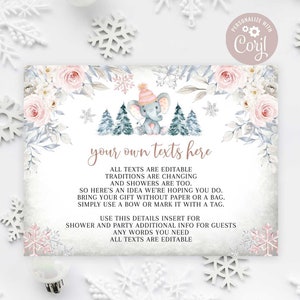 Bewerkbare 3 x 4" detail insteekkaart ALLE TEKST BEWERKBARE roze bloemen winter sneeuwvlok baby shower partij invoegen bewerkbare Instant Download 19V3